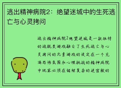 逃出精神病院2：绝望迷城中的生死逃亡与心灵拷问